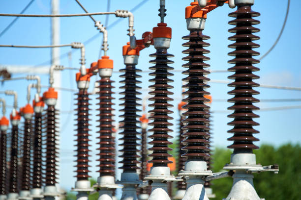 Electric power station Detail of High voltage power transformer in substation electricity transformer photos stock pictures, royalty-free photos & images