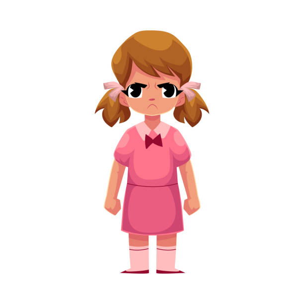 ilustrações de stock, clip art, desenhos animados e ícones de little girl in pink dress standing with frowned, angry face - caucasian white background little girls isolated on white