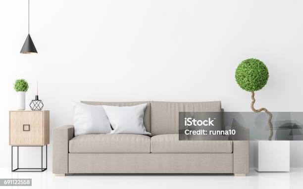 Moderne Weiße Wohnzimmer Minimalistischen Einrichtungsstil 3d Bildwiedergabe Stockfoto und mehr Bilder von Weißer Hintergrund