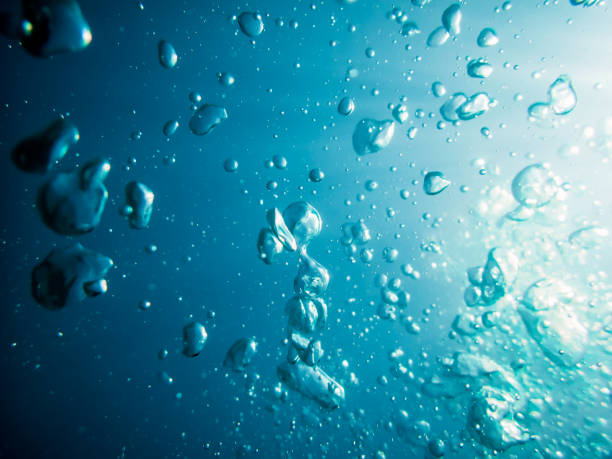 istock Bubbles in underwater. Sun light in blue ocean. Water texture. 691127712