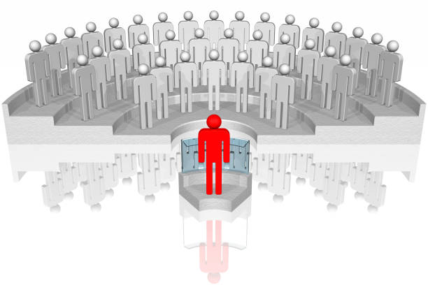 Leadership. Red leader in front of crowd.