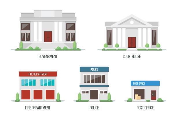 City buildings set 1 Vector illustration of different city buildings: government, courthouse, fire department, police, post office. Isolated on white background. Flat design style. Eps 10. police station stock illustrations