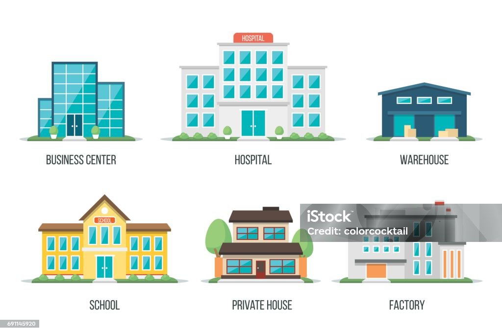 City buildings set 2 Vector illustration of different city buildings: business center, hospital, warehouse, school, private house, factory. Isolated on white background. Flat design style. Eps 10. Building Exterior stock vector
