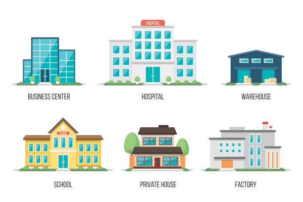 City buildings set 2 Vector illustration of different city buildings: business center, hospital, warehouse, school, private house, factory. Isolated on white background. Flat design style. Eps 10. warehouse stock illustrations