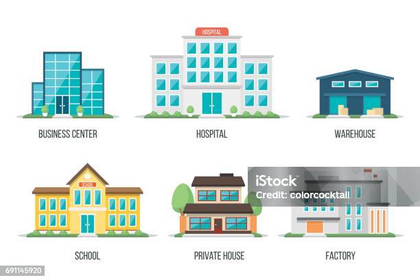 City Buildings Set 2 Stock Illustration - Download Image Now - Building Exterior, Hospital, School Building