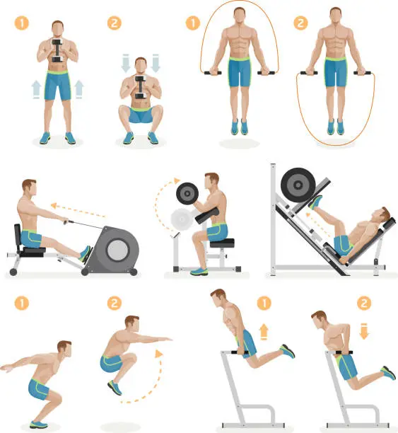 Vector illustration of Gym exercises machines sports equipment.