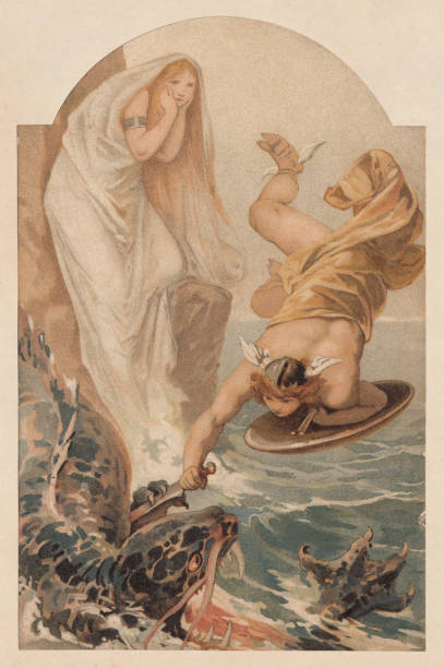 Perseus freeing Andromeda, Greek Mythology, lithograph, published in 1897 Perseus freeing Andromeda. Szene from the Greek Mythology. Lithograph after an original by Alexander Zick (German painter, 1845 - 1907), published in 1897. andromeda stock illustrations