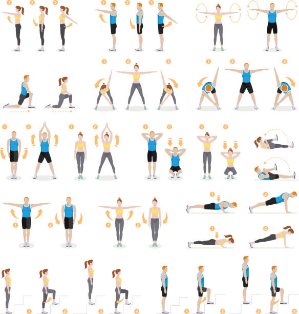 ilustrações de stock, clip art, desenhos animados e ícones de man and woman workout fitness, aerobic and exercises. - practicing
