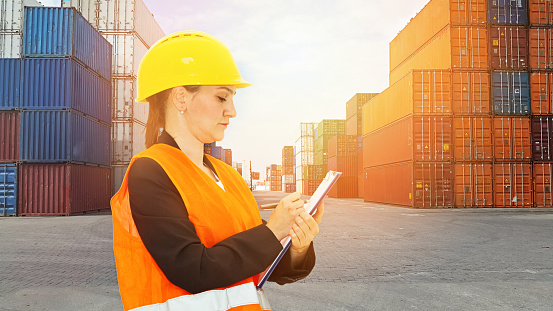 Attractive young female engineer standing in front of cargo ship containers.