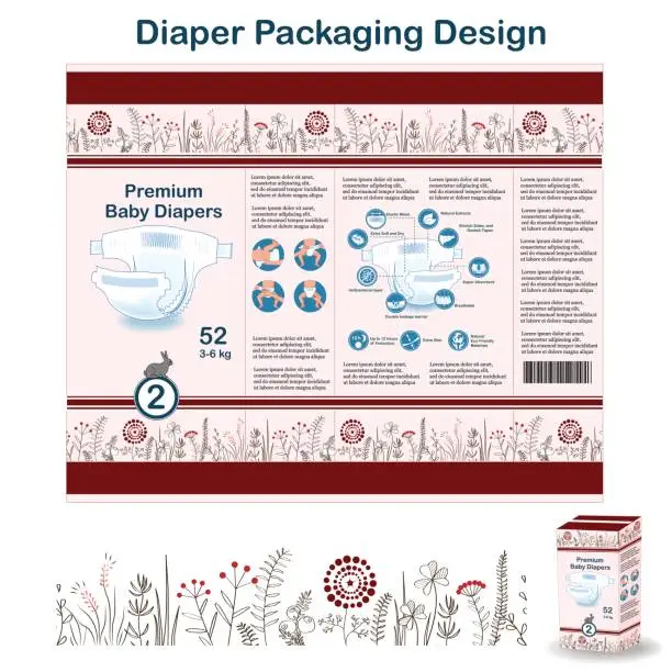 Vector illustration of Diaper packaging design elements in doodle forest style. Nappy pakaging design for size 2, with floral border and hare.