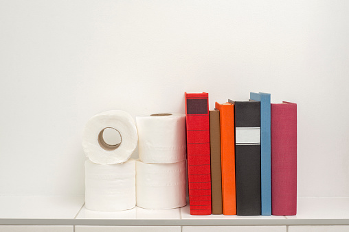 Read books in the bathroom, colorful books and toilet paper on the white tiled shelf