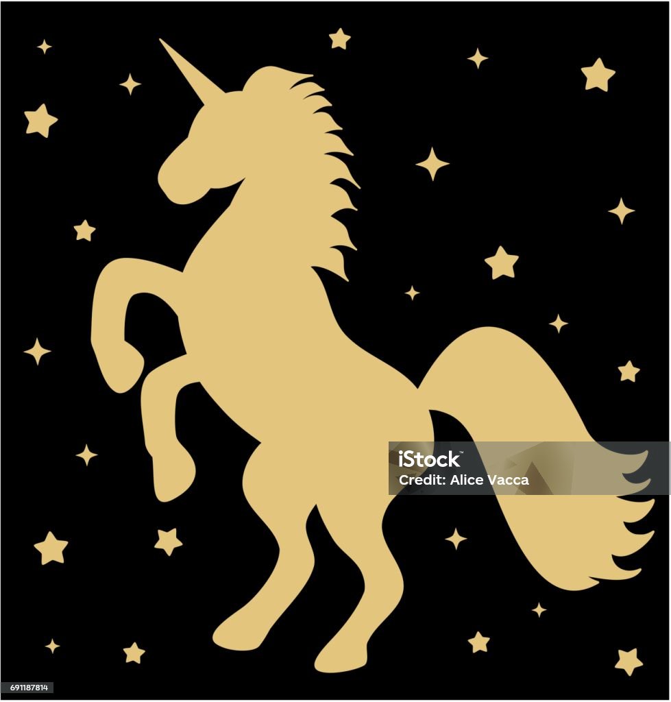 cute gold unicorn silhouette with stars on black background vector illustration Activity stock vector