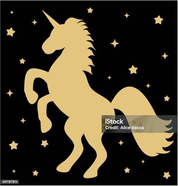 Cute Gold Unicorn Silhouette With Stars On Black Background Vector Illustration Stock Illustration - Download Image Now