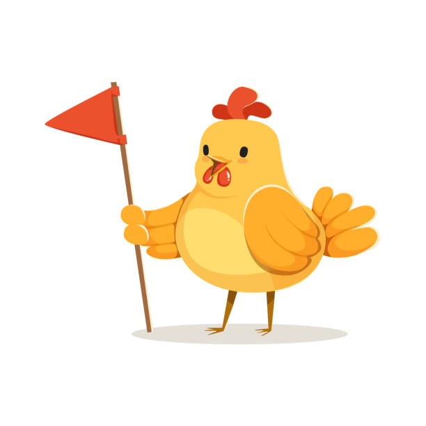 istock Funny cartoon chick bird standing and holding red flag colorful character vector Illustration 691199306