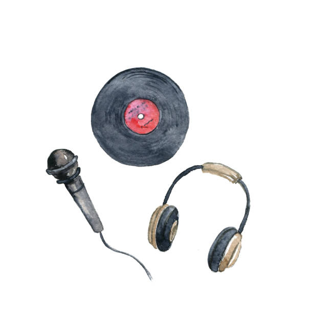 ilustraciones, imágenes clip art, dibujos animados e iconos de stock de acuarela dibujo auriculares, micrófono y disco de vinilo - m9