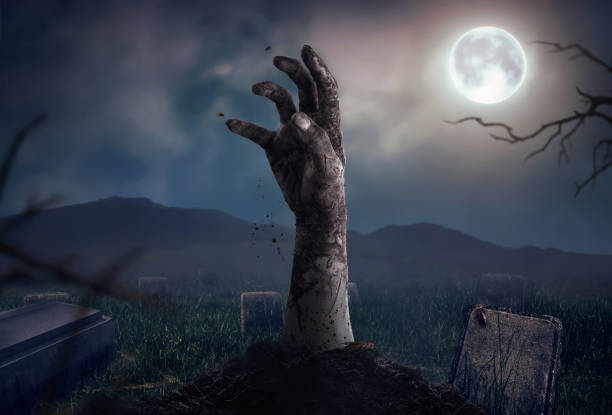istock Zombie hands rising in dark Halloween night. 691202486