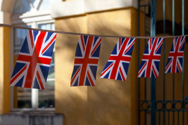 Garland of British flags to celebrate the Victory in Europe Day in the UK.