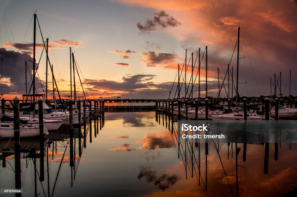 Marina at Sunset A marina full of boats greets the evening. Hampton - Virginia Stock Photo