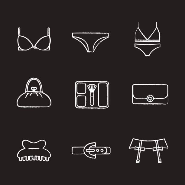 Women's clothes and accessories icons Women's clothes and accessories chalk icons set. Vector. Underwear garters, bra and panties, clutch, purse, blusher, claw hair clip, leather belt drawing of a women wearing garter belts stock illustrations