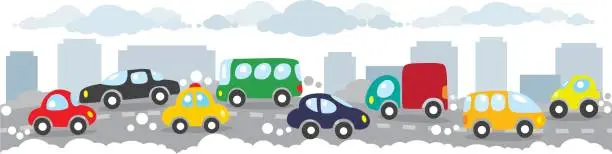 Vector illustration of Small funny cars on the urban city road background