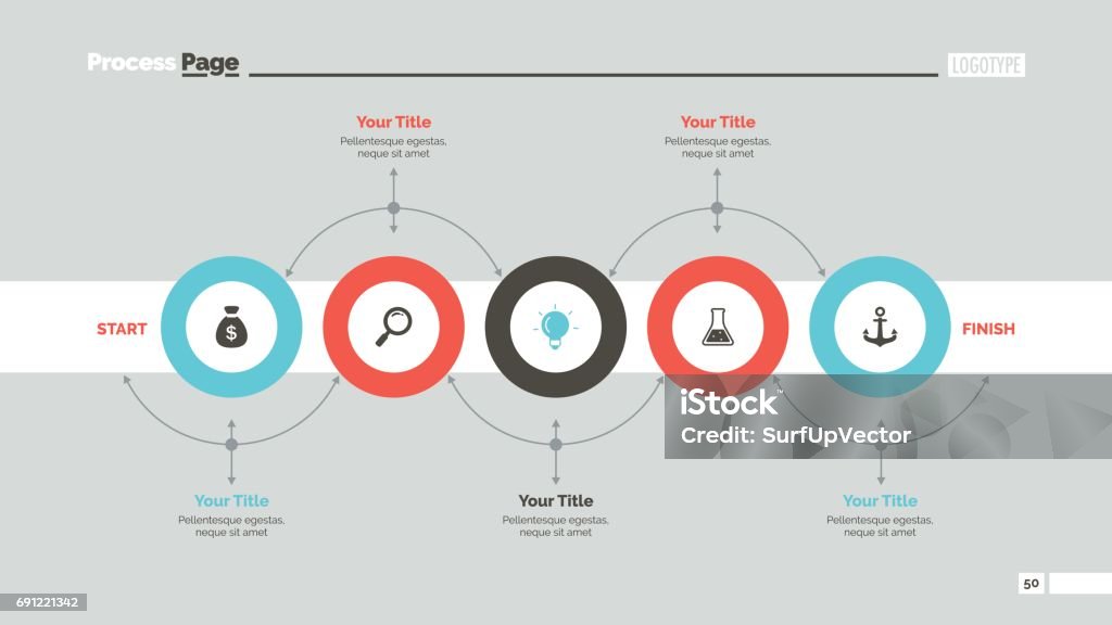 Five Circles Workflow Slide Template Five circles process chart slide template. Business data. Workflow, diagram. Creative concept for infographic, presentation, report. Can be used for topics like planning, production, research. Infographic stock vector