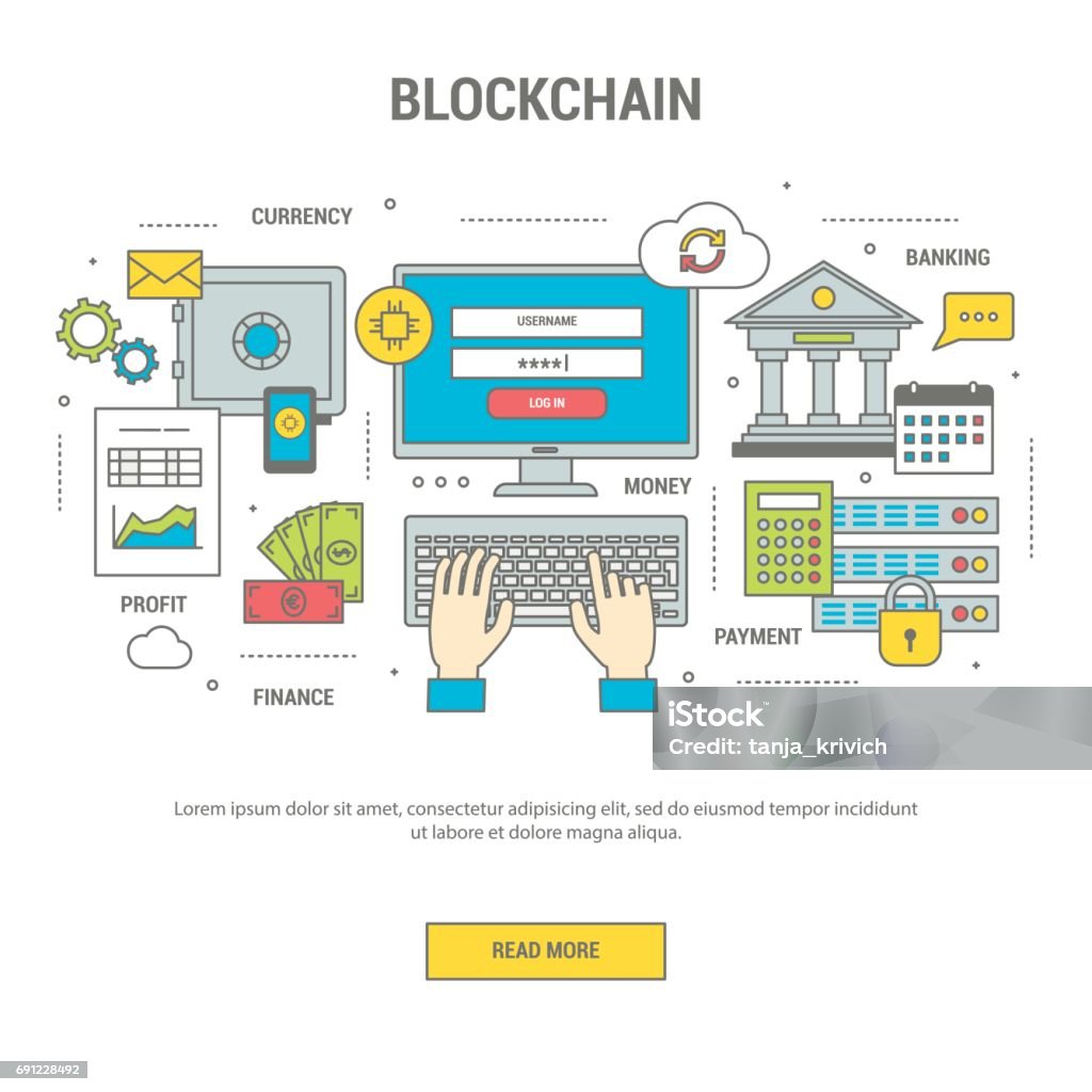 Blockchain concept finance banner with bitcoins Blockchain concept finance banner flat design line art. Set of icons of banking and payment by bitcoins, exchange of money. Vector illustration for web site, application and print Banking stock vector