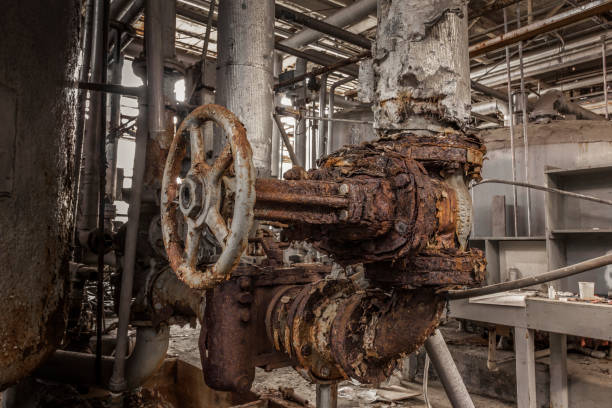 istock Extremely rusty pipes in an abandoned factory 691235292