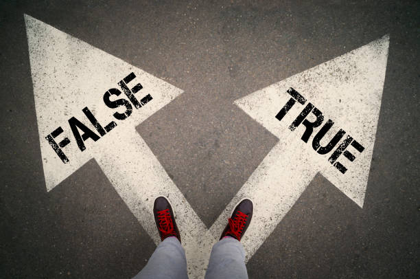 True or false TRUE versus FALSE written on the white arrows, dilemmas concept. illusion photos stock pictures, royalty-free photos & images