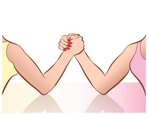 womens armdrücken als symbol für die weibliche konkurrenz oder katze kampf. vektor-comic-illustration. - conflict competition arm wrestling business stock-grafiken, -clipart, -cartoons und -symbole