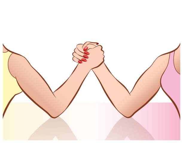 여성 경쟁 또는 고양이 싸움에 대 한 상징으로의 여자 팔 레슬링 벡터 만화 그림입니다. - conflict competition arm wrestling business stock illustrations
