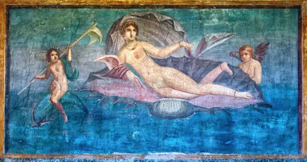 Venus in the Shell, an ancient roman fresco in Temple of Venus, Pompeii excavation site, Italy