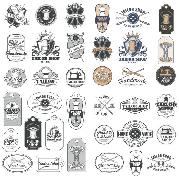 Big set of vector vintage tailor badges, stickers, emblems , signage with sewing needles, pins, thimbles, buttons, coils of thread, sewn on tags
