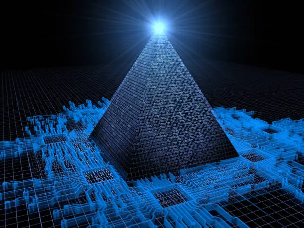 Futuristic city scene in the next. Pyramidal micro processor computer on the other world. Futuristic scene.