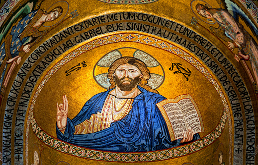 Jesus Christ mosaic icon in Monrelae cathedral, Palermo, Italy