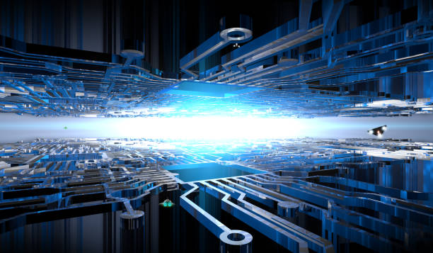 Computer city scene in the next. New micro processor space colony on the other world. Futuristic scene.