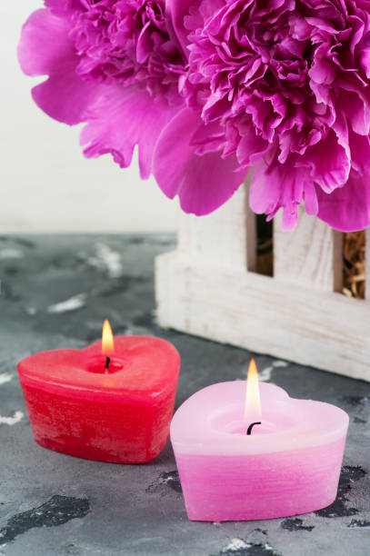 istock Lit candles heart shaped, purple peonies 691255440