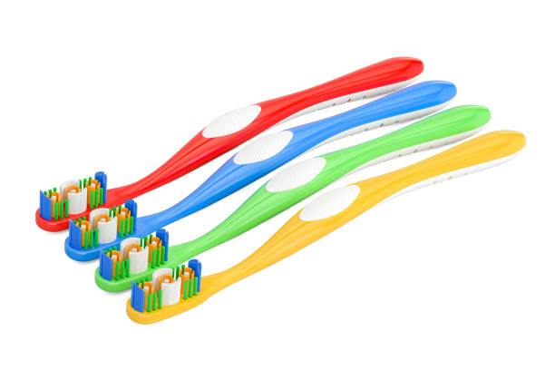 istock Set of colored toothbrushes, 3D rendering isolated on white background 691262694