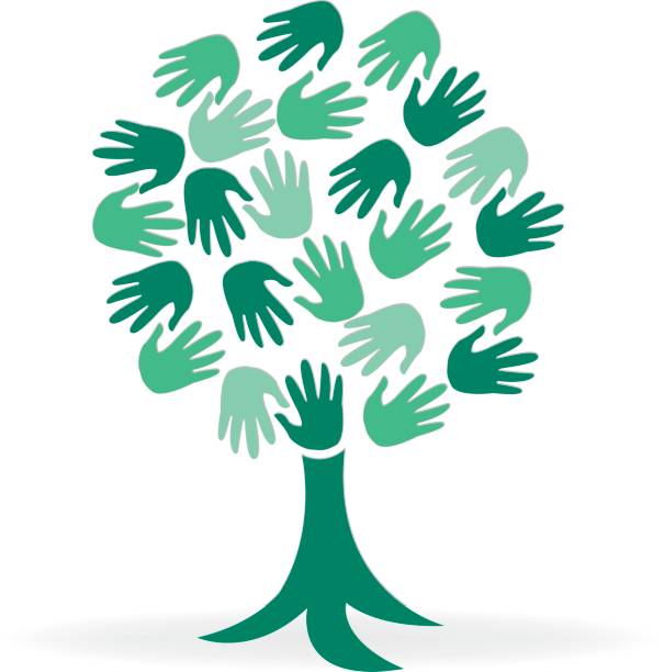 ilustrações, clipart, desenhos animados e ícones de imprimir a imagem do ícone do vetor de árvore de mãos - community outreach tree education people