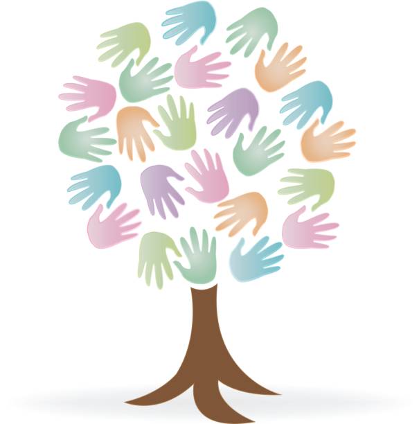 ilustrações de stock, clip art, desenhos animados e ícones de tree print hands charity icon vector - community outreach tree education people