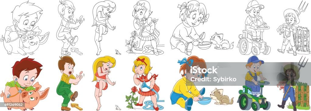 cartoon farm people set Cartoon people set. Farm collection. Veterinarian doctor, boy hitting a finger, woman and mouse, girl and rose flower, child feeding a cat, boy driving a tractor, farmer. Coloring book pages for kids. Black And White stock vector