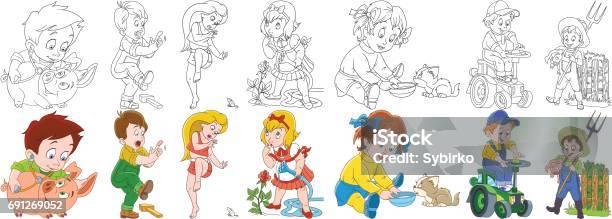 Cartoon Farm People Set Stock Illustration - Download Image Now - Black And White, Child, Clip Art