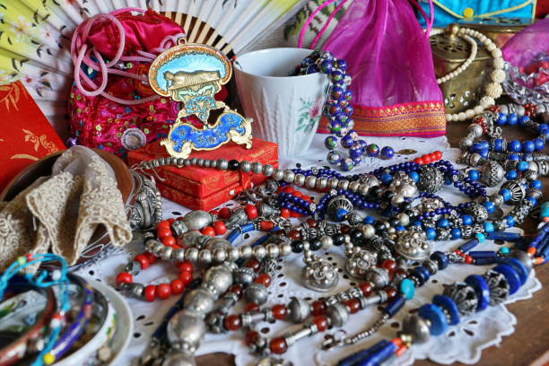 Showcase of jewelry, necklaces, bracelets, rings