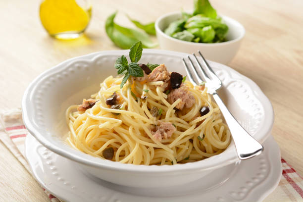 istock Spaghetti with tuna, capers and black olives 691273198
