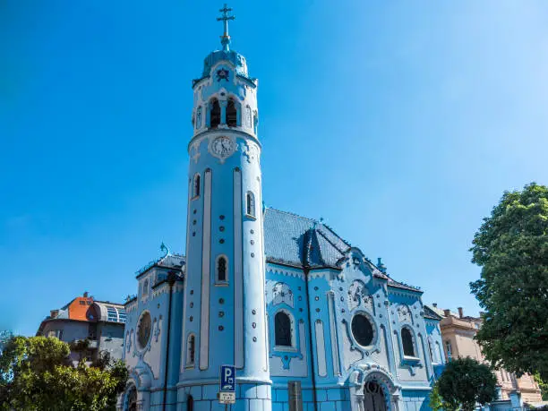 The main entrance of art-deco St. Elisabeth (Blue) church in Bratislava, chosen for the symbol of Slovakia in Park Mini-Europe in Brussels.