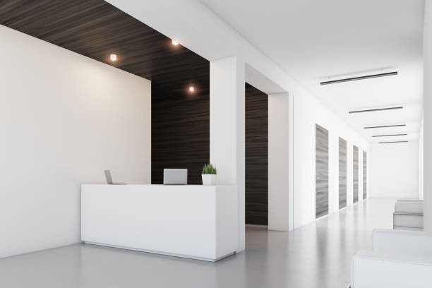 istock Dark wooden reception, armchair, side 691280548