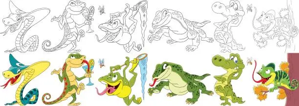 Vector illustration of cartoon animals reptiles set