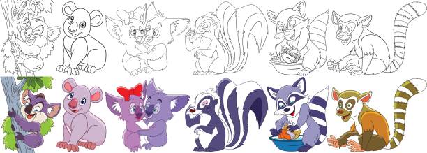 cartoon koalas set Cartoon animal set. Childish collection of fluffy mammals. Koala bears, bad smelling skunk, raccoon washing dirty clothes, ring-tailed lemur. Coloring book pages for kids. african animals coloring pages stock illustrations