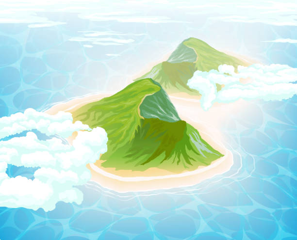 Island in Ocean. Aerial view. Island in the middle of the Ocean, mountains and clouds. Aerial view. Vector illustration aerial view landscape stock illustrations