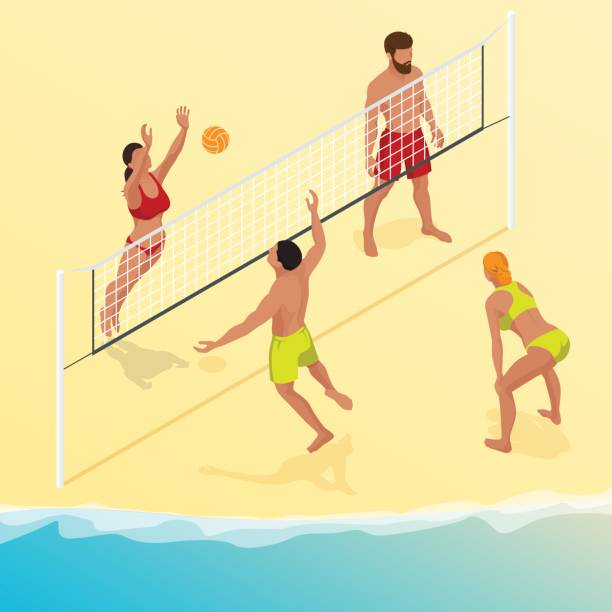 illustrations, cliparts, dessins animés et icônes de beach volley ball joueur saute sur le net et tente de bloque le ballon. concept de l’été de vacances actives. isométrique illustration vectorielle - volleyball volleying women female