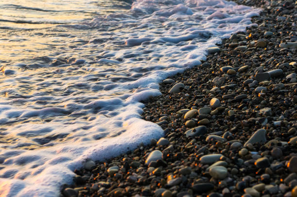 istock sea pebble beach with multicoloured stones, waves with foam 691288062